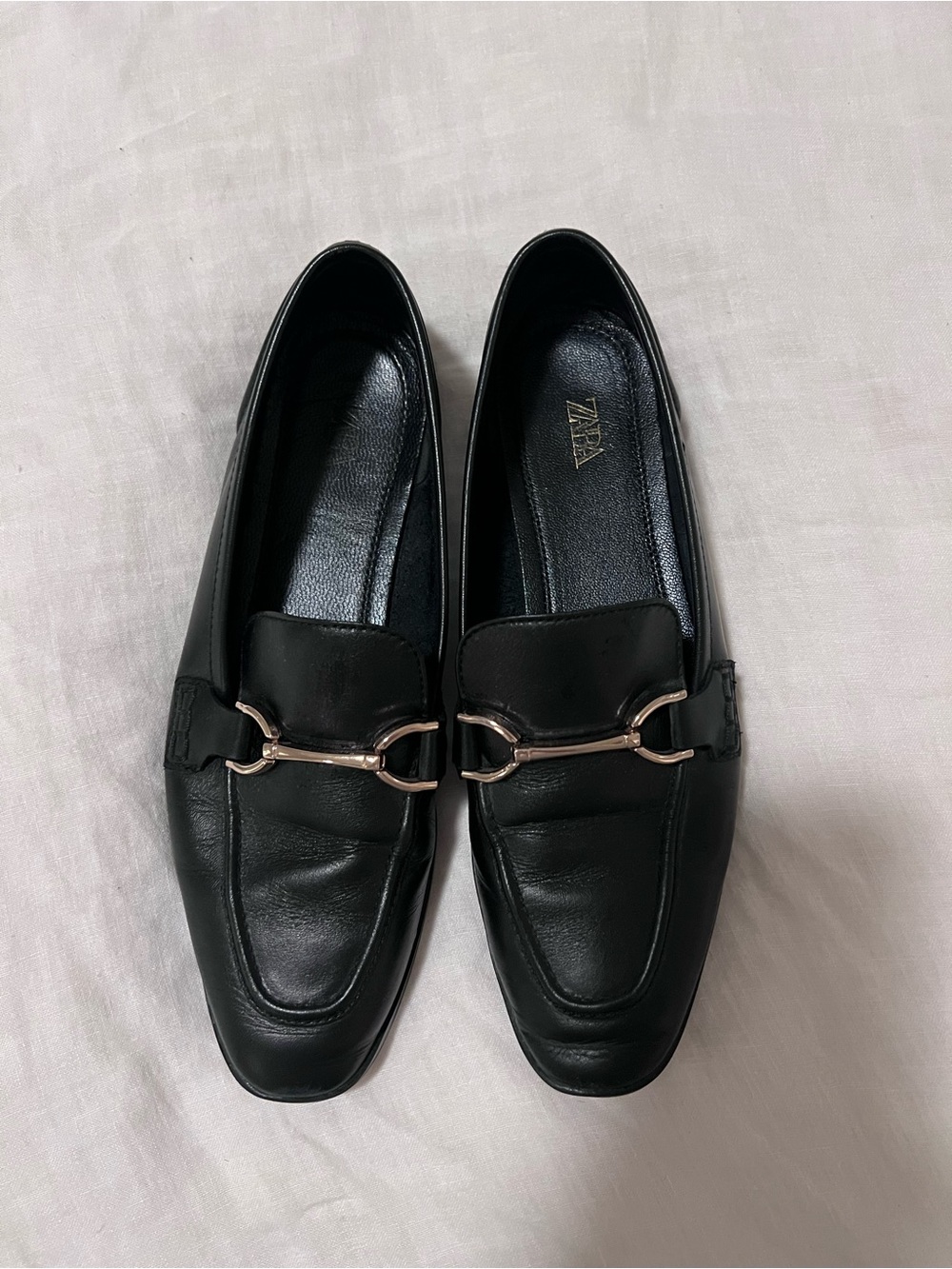 Zara Black Leather Loafers with Gold Bit